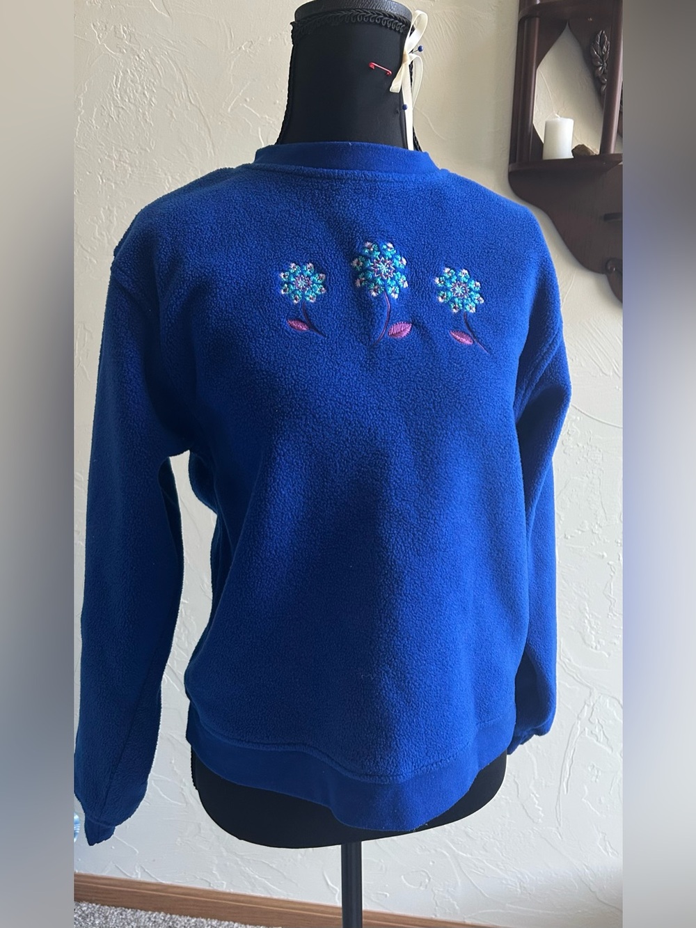 Blue Fleece Sweatshirt with Embroidered Floral Detail